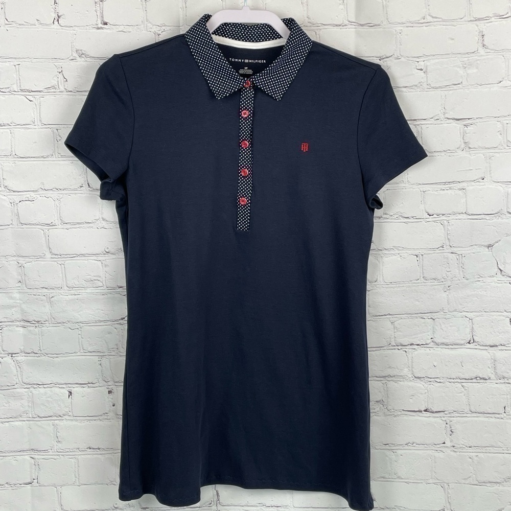 Tommy Hilfiger Women’s Short Sleeve Polo Shirt SMALL Blue/Red/Swiss Dot